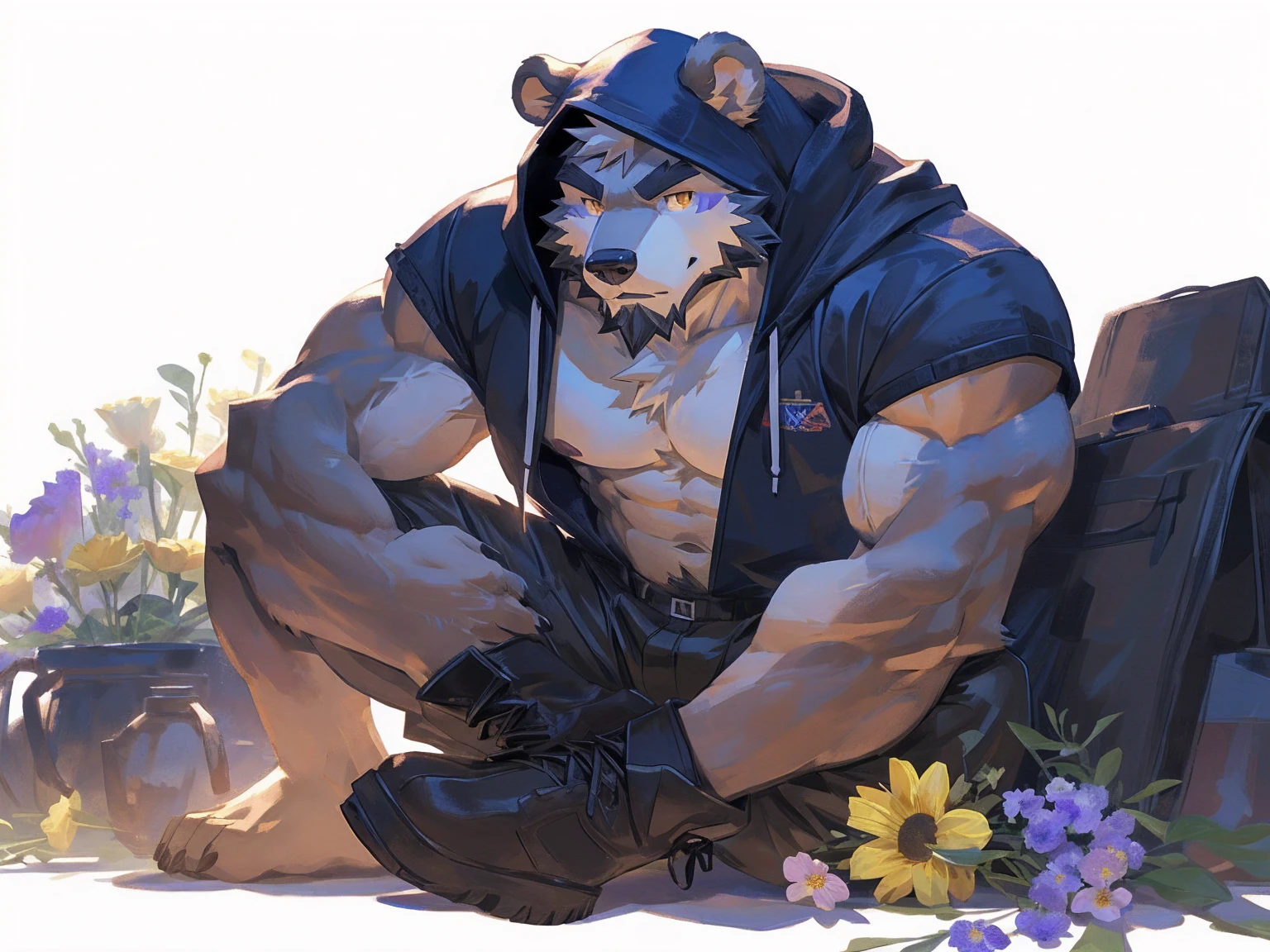 (masterpiece:1.2), best quality,pixiv,official art,perfect anatomy, (Ray tracing, light),solo, (1_male:1.3) , (muscle), (grey fur:1.4), (muscle bear), (beard:1.2), (gleaming golden eyes), bear tail, Thick black eyebrows, (open hoodie :1.3) , (naked inside:1.2), cargo pants,boots, portrait , (white background:1.3) , (flowers around:1.3)