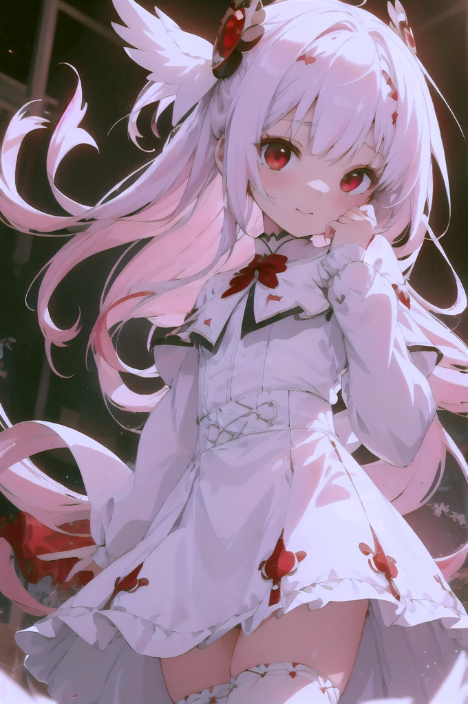 beautiful illustration, best quality, cute petit girl, (transform sequence), transform magical girl, chibi, white magical girl, fractal art, albino, babyface, long pure white and red mesh hair, beautiful detailed red eyes, cinematic lighting, cowboy shot, looking at viewer, from bottom, happy, lifting up skirt