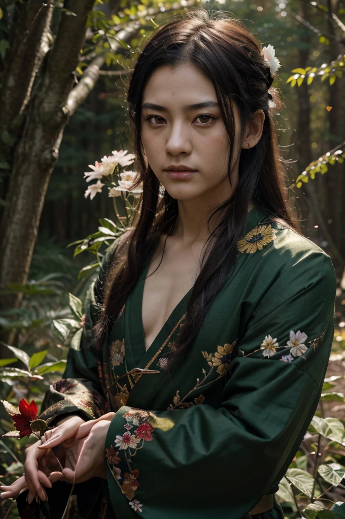 Ultra detailed, highres, absurdres, HDR, master piece, Saisei uchida, dark green hair, expressive golden eyes with white small pupil, white haori with patters of demonic, black kimuno with dark flower patterns, Kimetsu No Yaiba, fantasy, petals, red flowers, handsome, sexy man using blood demon art, solo, magic, shining red fireflies, red moon, best quality, extremely detailed face and eyes, spirit, forest, four dark yellow petals attached to his hair
