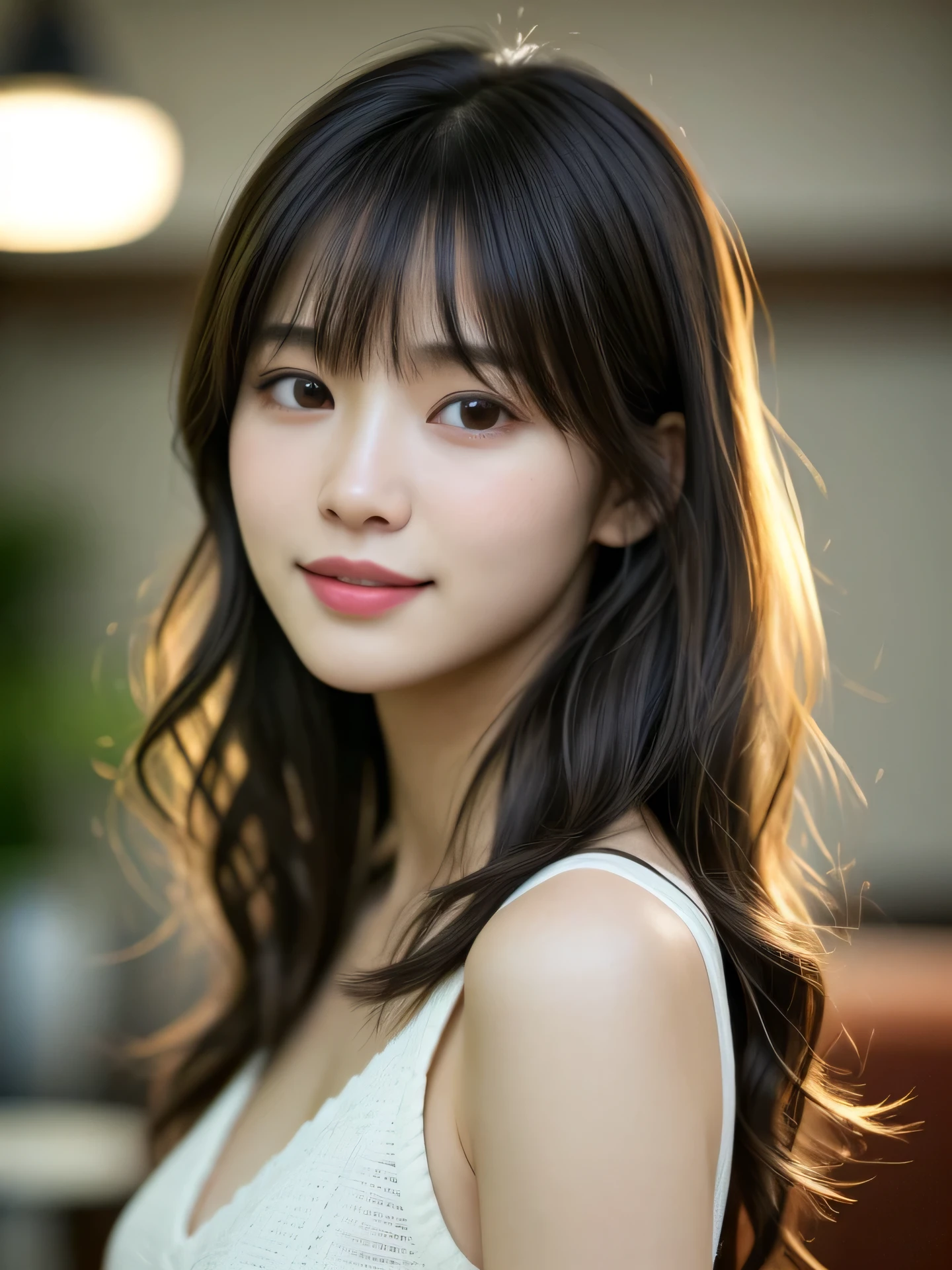 (Photo Real:1.4), (hyper realisitic:1.4), (Smooth lighting:1.05), 1 girl, so embarrassed that I instinctively turned face away, open your mouth to say something, Close-up of the face, Soft lighting, Back lighting, (cheerfulness:1.2), (Finest Real Textured Skins), Narrow-eyed, Super fine face, glowy skin, retinas, Anatomically correct, acurate, (Wavy medium Hair:1.1), bangs, Textured skin, High quality, high details, Best Quality, High resolution, indoor,