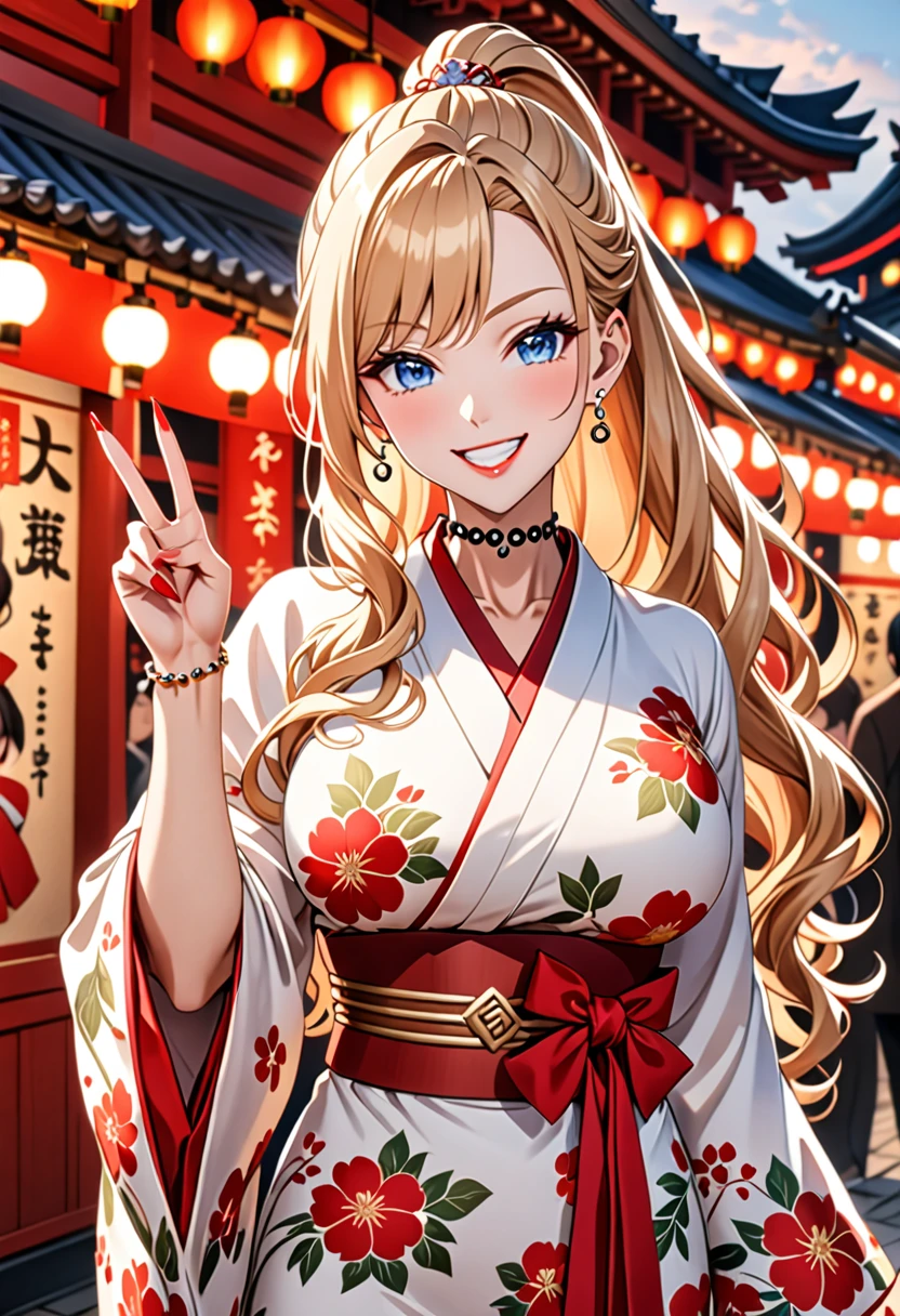 ((One personの女性)), Beautiful Face, (Laughing embarrassedly), ((smirk:1.1)), ((Wink:1.1)), (head tilt:1.3), Laugh with your mouth wide open, upper teeth, looking at viewer, ((Bright red cheeks:1.6)),Glossy Red Lips, evening, Shrine festival stalls, Glossy red lips, Shining Face, ((Anime style background)),masterpiece, Highest quality, so beautiful,up to date, Complex details, (Pink long nails), (nail art), (ring),(bracelet), (helix piercing:1.6), (Floral choker),AI-generated, Complex,High resolution, Highest quality, super high quality,3D Images、3D Images,One person,Blonde long hair,(High Ponytail), (wavy hair), Anime woman posing for a photo, ((Fine grain、Lightly pigmented blue eyes、Shining Eyes:1.3)), (Squint your eyes:1.1),a hyperRealistic , hyperRealistic , Realistic,Long and blonde anime woman, Smooth anime CG art, Pink large floral patternの刺繍が入った、Woman in luxurious kimono, (White long sleeve kimono),(Pink large floral pattern) ,Long flower hair ornament,Earrings,Mature Body,((Big Breasts:1.12)), Tall,Abdominal muscles,Tight waist, ((making a peace sign)), (front view),
