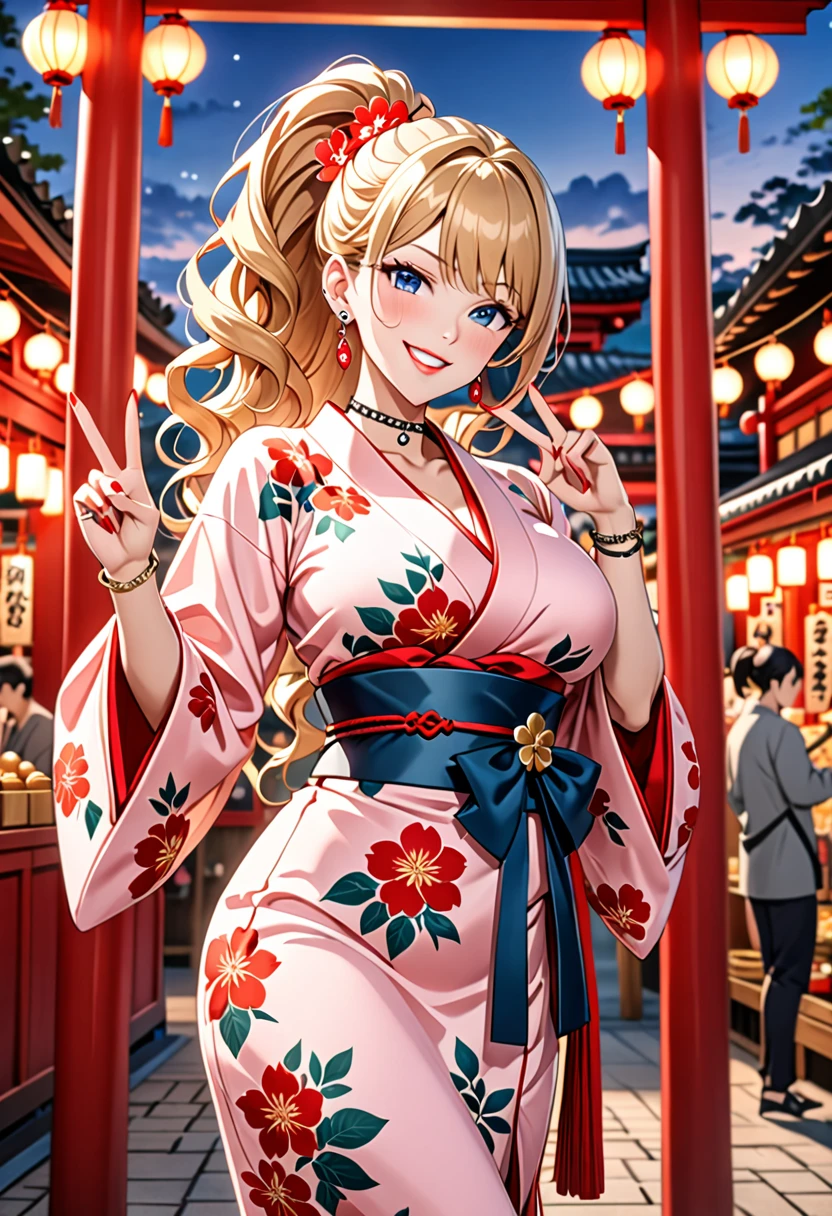 ((One personの女性)), Beautiful Face, (Laughing embarrassedly), ((smirk:1.1)), ((Wink:1.1)), (head tilt:1.3), Laugh with your mouth wide open, upper teeth, looking at viewer, ((Bright red cheeks:1.6)),Glossy Red Lips, evening, Shrine festival stalls, Glossy red lips, Shining Face, ((Anime style background)),masterpiece, Highest quality, so beautiful,up to date, Complex details, (Pink long nails), (nail art), (ring),(bracelet), (helix piercing:1.6), (Floral choker),AI-generated, Complex,High resolution, Highest quality, super high quality,3D Images、3D Images,One person,Blonde long hair,(High Ponytail), (wavy hair), Anime woman posing for a photo, ((Fine grain、Lightly pigmented blue eyes、Shining Eyes:1.3)), (Squint your eyes:1.1),a hyperRealistic , hyperRealistic , Realistic,Long and blonde anime woman, Smooth anime CG art, Pink large floral patternの刺繍が入った、Woman in luxurious kimono, (White long sleeve kimono),(Pink large floral pattern) ,Long flower hair ornament,Earrings,Mature Body,((Big Breasts:1.12)), Tall,Abdominal muscles,Tight waist, ((making a peace sign)), (front view),