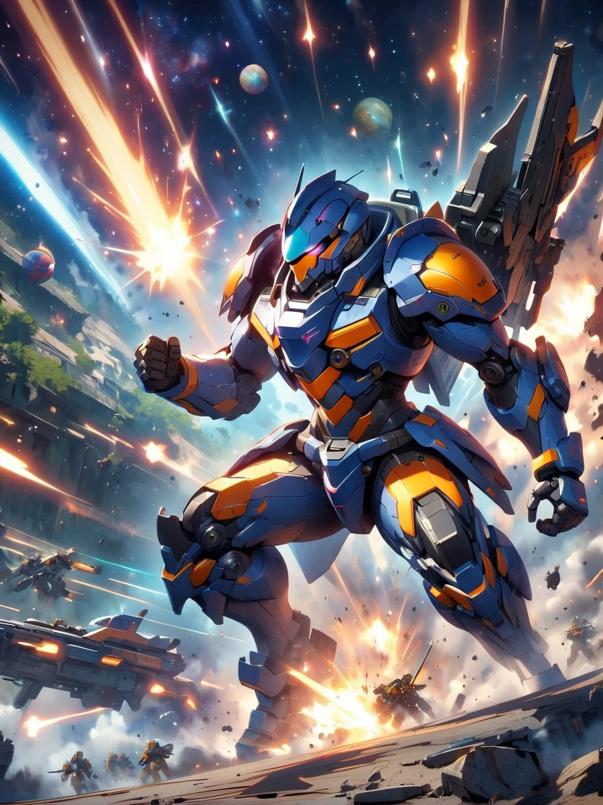 Space soldiers, locked in an intense battle aboard a mothership, defending against an incoming horde of robotic aliens. The soldiers, equipped with advanced armor and futuristic weapons, display courage and determination. Meanwhile, the robotic aliens, devoid of fear or pain, launch an unrelenting attack. Sparks fly everywhere as energy beams ricochet off the metallic interior of the ship. Through the large portholes, the endless expanse of the cosmos can be seen, planets and stars providing a stunning backdrop to this dramatic space warfare.