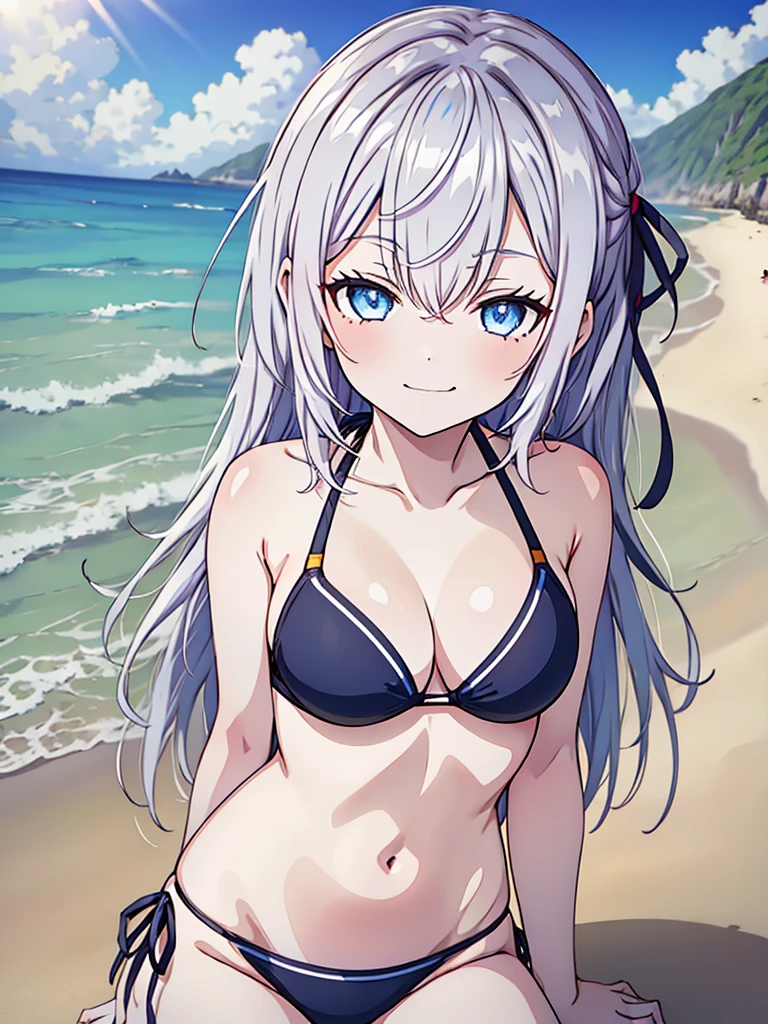 1girl, alya, white hair, long hair, hair ribbon, blue eyes, bikini,, in all four, smug face, beach, anime style, 2D