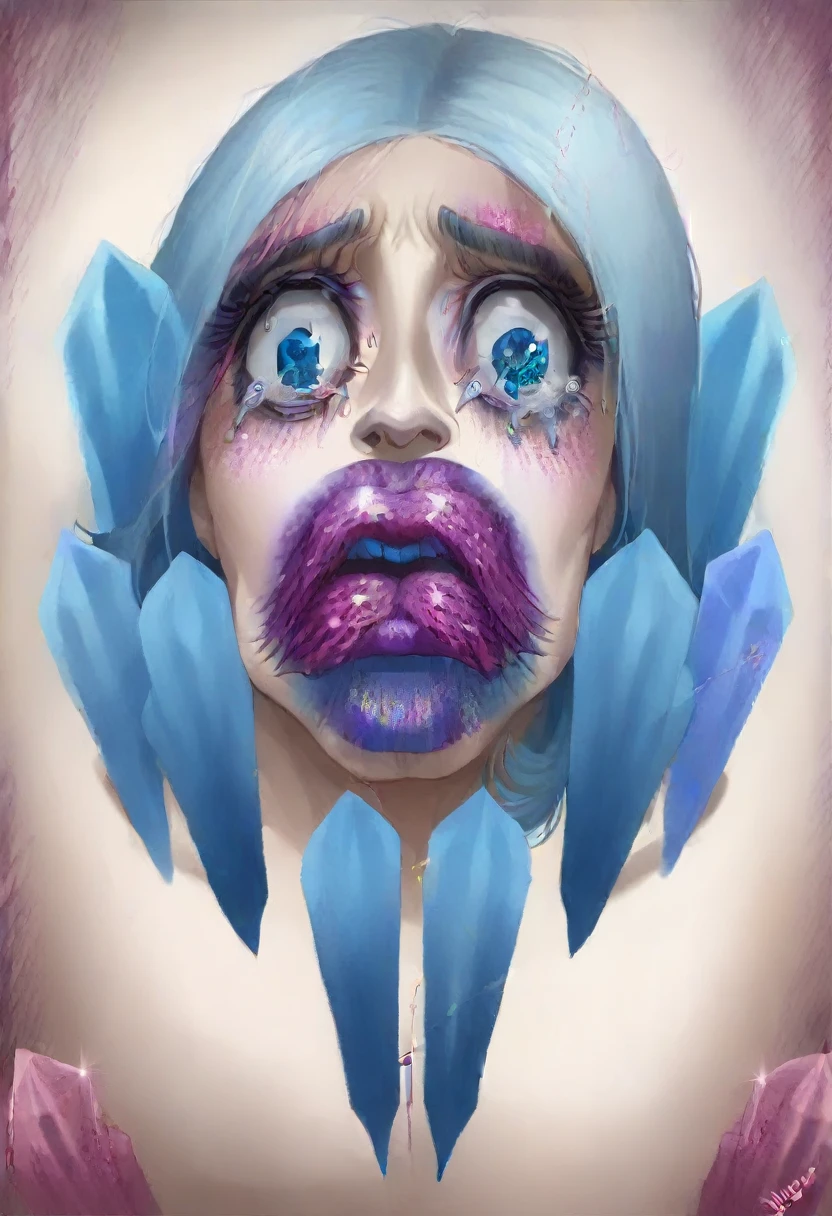 masterpiece, HD best quality, perfect face.Artist Mary Jurgens, Starsnits90, Greg Rutkowski Cryengine, Ubisoft))((Kneeling surrounded Sitting with her knees up to her chin. She hugs herself. Her body is covered in Blue crystal tanznite marble glitter. Her big blue eyes (scared features) blue crystal lips. Covered in Blue. Hair long and white