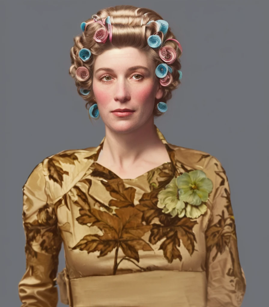 há uma mulher com bobes na cabeça e um vestido, inspirado em Jean-Étienne Liotard, inspirado em Cindy Sherman, retrato sem nudez vestido, retrato no estilo craola, inspirado em Henry Raeburn, no estilo de Norman Rockwell, inspirado por Henriette Wyeth, retrato da parte superior do corpo, inspirado em Constance Gordon-Cumming