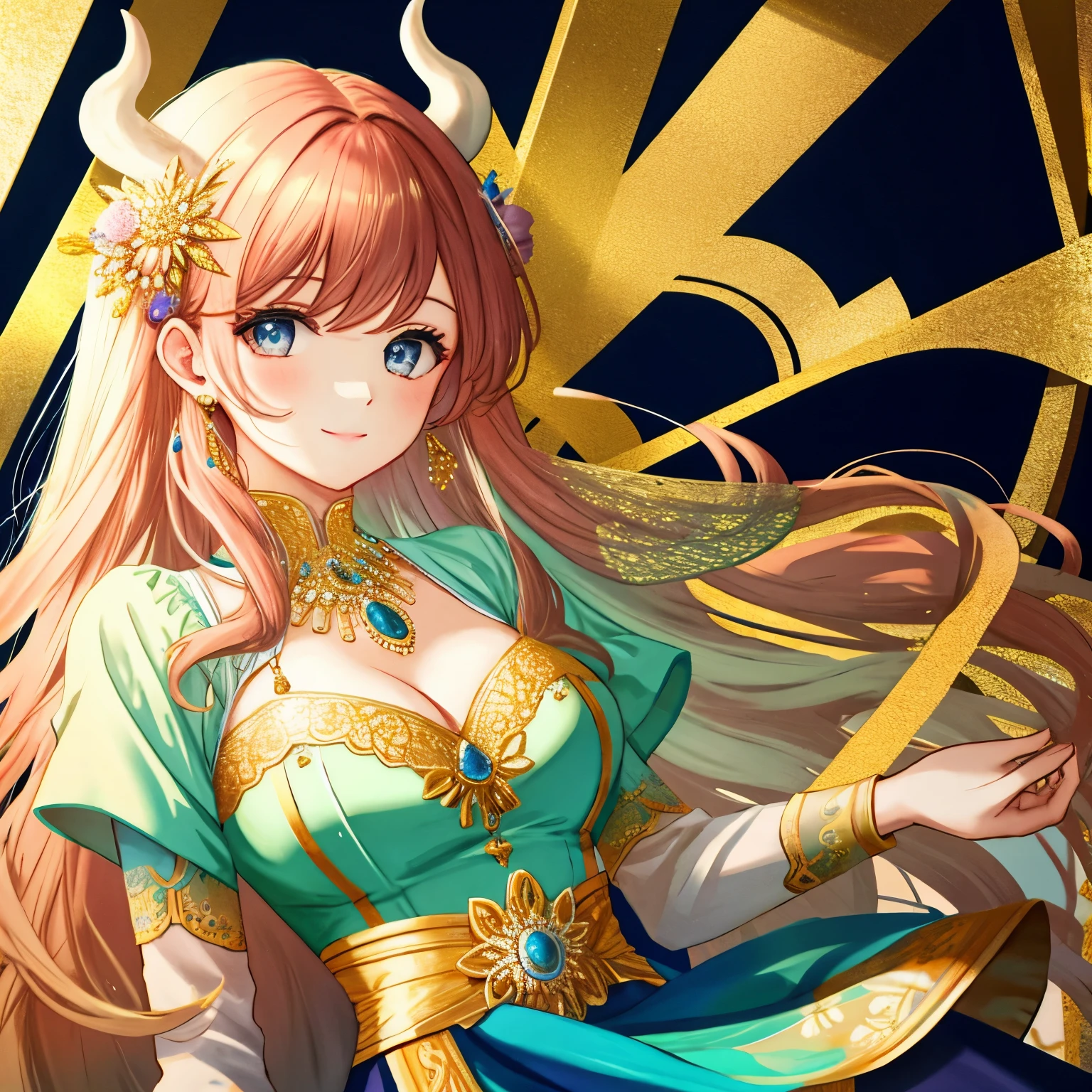 **Illustration Enhancement**: (masterpiece, best quality), (ultra-detailed), super high resolution, (Top Quality photorealistic Illustration), (Super Definition), (cute illustration:1.3), (high Saturation:1.2), detailed beautiful face and eyes, (an extremely delicate and beautiful), (nice hands, perfect hands), (appropriate posture), (appropriate configuration), ideal ratio body proportions **BREAK**
**Theme**: Happiness and Prosperity, Peace and Tranquility **BREAK**
**Number of Characters**: One (ultra-ultimate beautiful) **BREAK**
**Facial Details**: Expression of kindness and intelligence, bright eyes, smile **BREAK**
**Movement Details**: Calm posture, confident demeanor **BREAK**
**Emotions and Expressions**: Smile brimming with happiness and satisfaction **BREAK**
**Perspective**: Slightly upward angle from the front **BREAK**
**Composition**: Character centered, surrounded by elements symbolizing prosperity **BREAK**
**Background Details**: Bright and peaceful sky colors, lush nature **BREAK**
**Costume Details**: Elegant and sophisticated dress, symbols of good fortune interspersed **BREAK**
**Body Type**: Well-proportioned, cleavage, waist, feminine curves **BREAK**
**Wings, Horns, Tail**: None **BREAK**
**Hair Style and Color**: Long flowing hair, natural brown color **BREAK**
**Accessories**: Items symbolizing good luck **BREAK**
**Light and Shadow**: Soft light illuminating the character, shadows lightly drawn **BREAK**
**Color Palette**: Gold, blue, green, light blue, yellow, silver, deep red, pink, wine red, dark brown, light purple **BREAK**
**Illustration Size**: 768x768 **BREAK**
**Illustration Atmosphere**: Warmth, filled with hope **BREAK**
**Additional Elements**: Symbols of good fortune and prosperity throughout **BREAK**
**Worldview**: An ideal world different from reality **BREAK**
**Style**: A fusion of fantasy and realism **BREAK**
**Power Words**: Luck, Prosperity, Peace, Love, Hope **BREAK**
**Image Quality**: Highest quality, photorealis