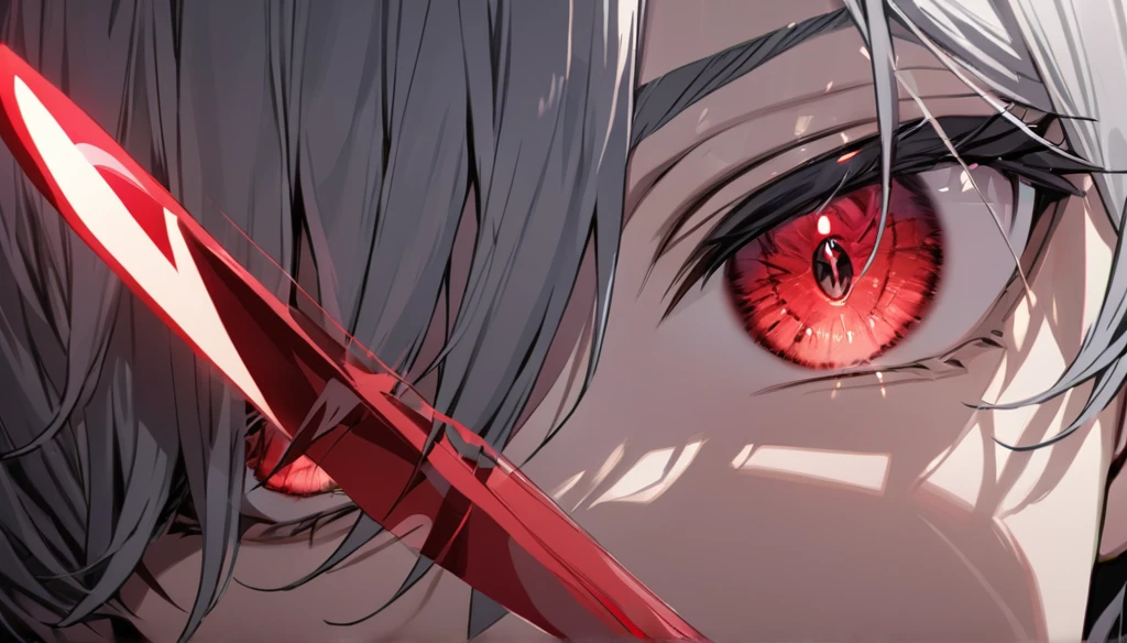 Resolution full, boy, very accurate, best quality, masterpiece, from front boy, cinematic lighting, full HD, very sharpener, only showing eyes, focus at eyes, detailed eyes, best art, very accurate, 1boy, man, solo, boy, red eyes, grey hair, red eyes
