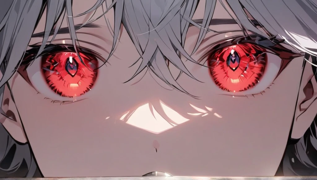 Resolution full, boy, very accurate, best quality, masterpiece, from front boy, cinematic lighting, full HD, very sharpener, only showing eyes, focus at eyes, detailed eyes, best art, very accurate, 1boy, man, solo, boy, red eyes, grey hair, red eyes