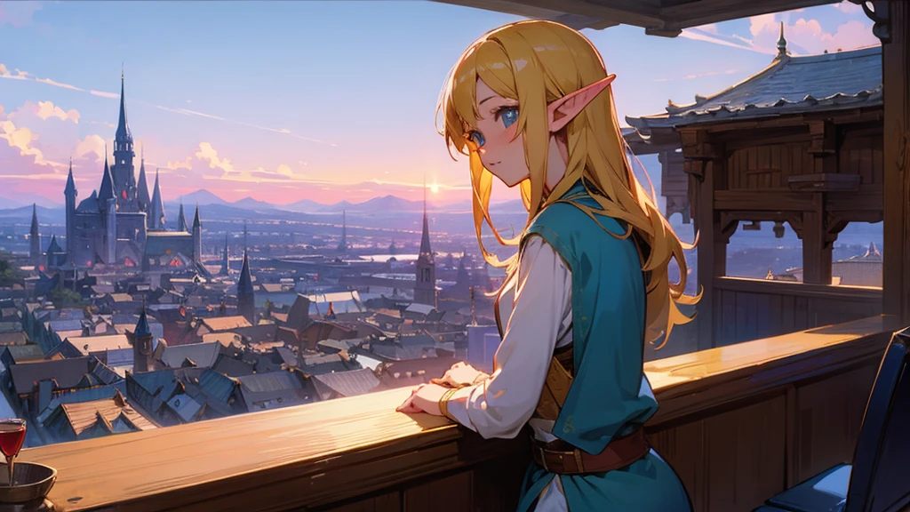 Anime Style,Nostalgic,Detailed background,Magical World,A lively bar with lots of people,Beautiful sky,Beautiful Elf with a Bard's Smile,guitar,Large Breasts,Healthy thighs