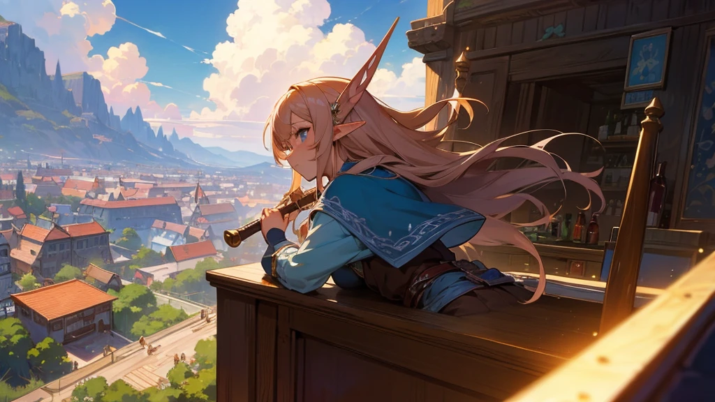 Anime Style,Nostalgic,Detailed background,Magical World,A lively bar with lots of people,Beautiful sky,Beautiful Elf with a Bard's Smile,guitar,Large Breasts,Healthy thighs