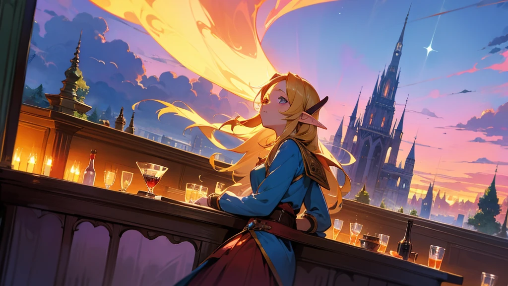 Anime Style,Nostalgic,Detailed background,Magical World,A lively bar with lots of people,Beautiful sky,Beautiful Elf with a Bard&#39;s Smile,guitar,Large Breasts,Healthy thighs