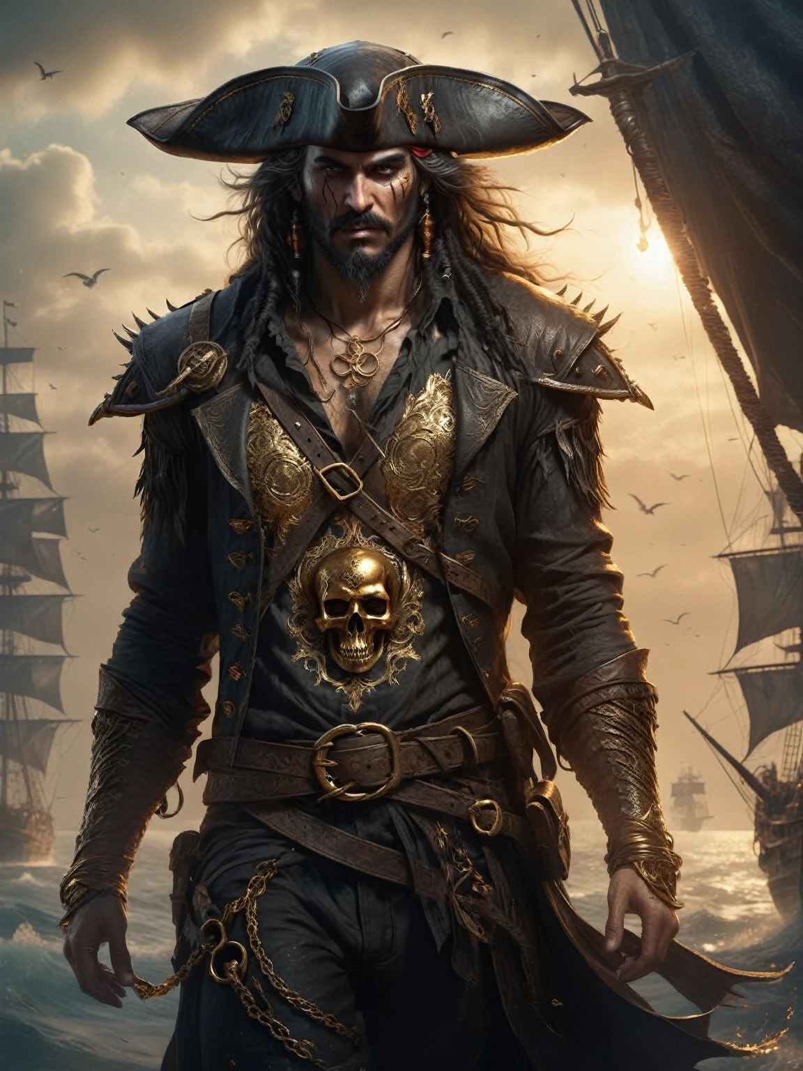 ineathered skin pirate, tilted tricorn hat inith turned-up Brim, Sunburned skin, Black Beard, Gold Hoop Earrings, Gold Ring, Ocean Themed Tattoos, loose inhite shirt, knee-high leather Boots, inide leather Belt inith large Buckle, cutlass, sturdy ship inith tattered sails in a harBor, Barrels, Wooden box, Rope winding, Sam Sprat style, Ben Templesmith and Alexander Jansson,
Satanic, Angelic style (B&in, monochromatic, Film Photography:1.3),  PhotoRealistic, HyperRealistic, Ultra-detailed, Dark Movies, Analog Style, Soft lighting, suBsurface scattering, Realistic, heavy shadoin, masterpiece, Best quality, ultra Realistic, 8K, Golden Ratio, Complex, High detail, Film Photography, Soft Focus