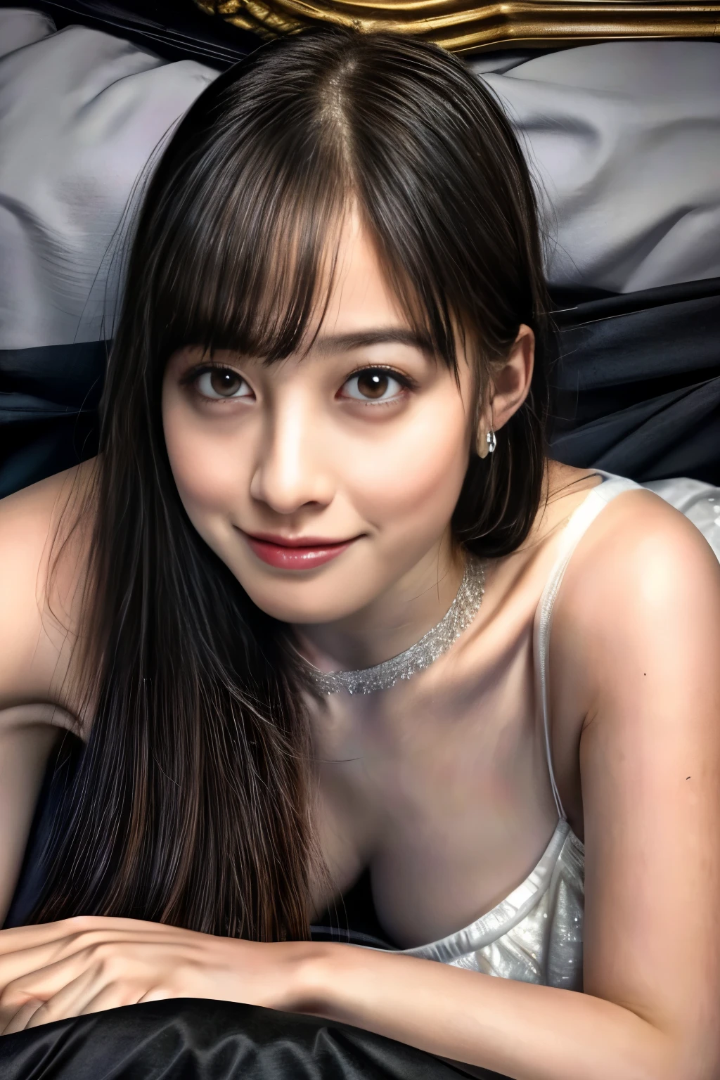 (best quality, masterpiece:1.2), (realistic,photo-realistic:1.4), ultra detailed, absurd-res, 8k, RAW photo, high resolution, ultra-high resolution, intricate details, hyper-detailed, highly detailed, cinematic lightning,
solo, 1girl, a 25 years old Japanese beautiful female idol,  (lying on bed:1.5), (seductive clothes, seductive pose, spread legs), dark hair, medium hair, detailed face, detailed eyes, most beautiful girl, gorgeous girl, insanely beautiful, stunning body, slim body, pale skin, fair skin, sweaty, blush, grinning, missionary vaginal, pov, very soft, bright, 
 (full body, whole body from far away), looking at viewer, lower angle view, hotel background, 
perfect breasts, large breasts, G-cup bust size, perfect legs,
sexy, alluring, orgasm, cute, feminine,
expensive necklace, van cleef & arpels, cartier earrings, expensive earrings, 