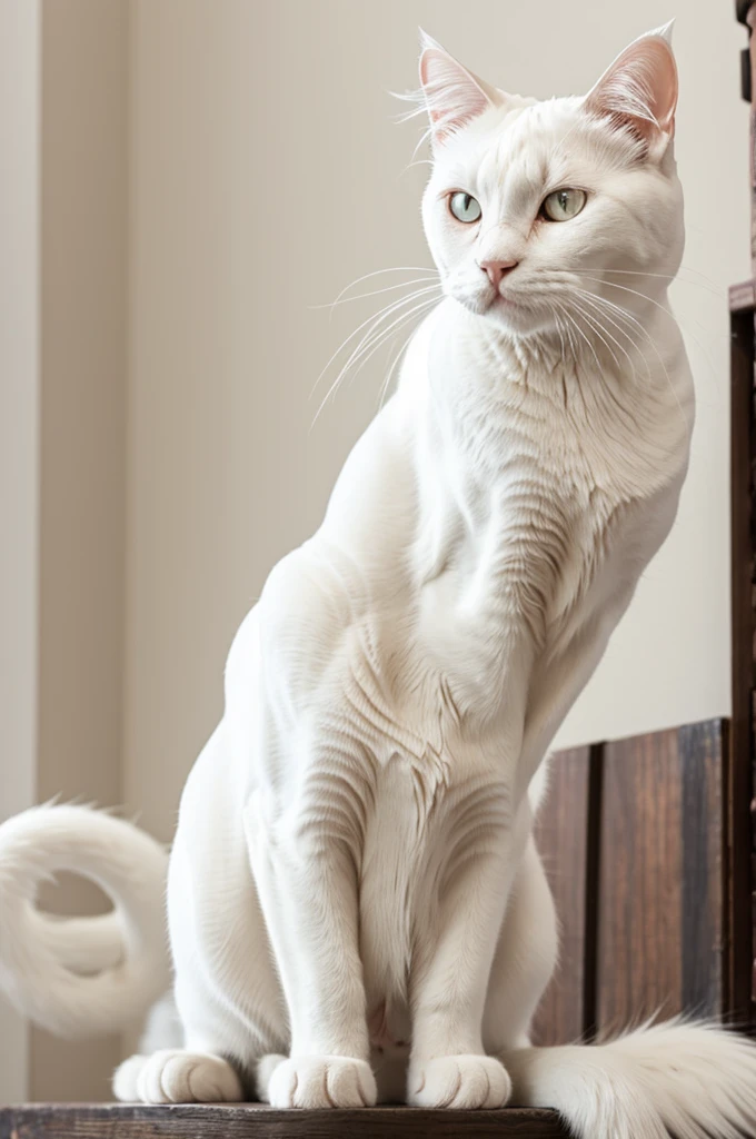 A white cat with strong muscles was sitting and crying.