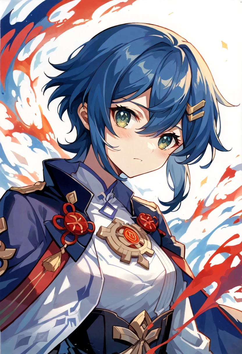Acrylic painting of a Japanese girl, 星の子, in the star lights, in the space, blending techniques with elements reminiscent of Genshin Impact, showcased with a medley of palette knife and brush strokes, trending on Pixiv Fanbox, high-key palette, soft yet defined. A detailed and intricate illustration of a person with short blue hair adorned, in profile view, wearing a white outfit with a high collar, Masterpiece, Best Quality, flat, Manga Scan, Anime, cinematic lighting, drawn Art, by Studio Trigger, clip studio paint, Anime Wallpaper, Deep Color, Cel-Shaded