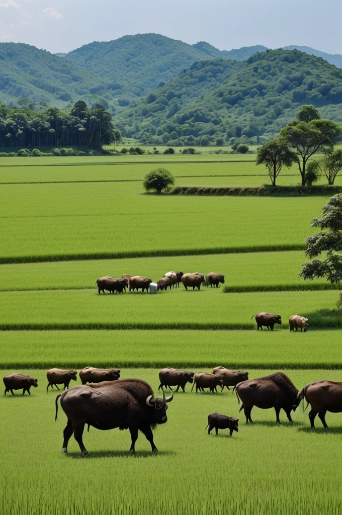 A picture of villagers raising buffalo in a field with green rice. There are trees on the side. There is a rice field store next to it.