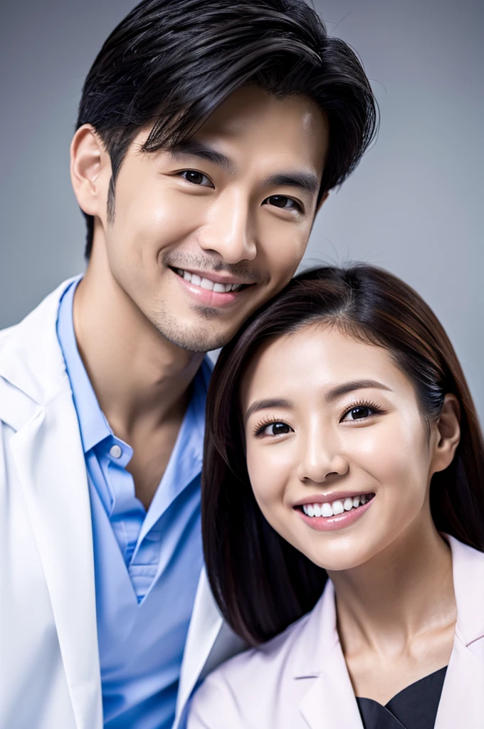Male dentist and female dental hygienist　２people　A good business partner　日本people　Handsome Men and Beautiful Women　Doctor wearing a white coat　Upper body close-up　high resolution　high resolution　Highest quality　smile　　Wear black scrubs