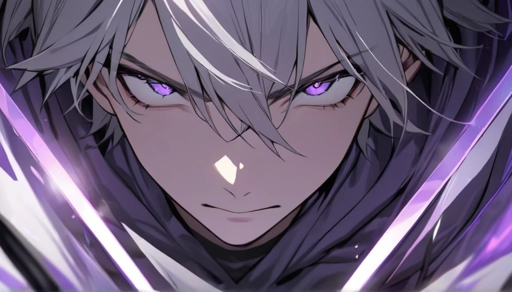 Resolution full, boy, very accurate, best quality, masterpiece, from front boy, cinematic lighting, full HD, very sharpener, only showing eyes, focus at eyes, detailed eyes, best art, very accurate, 1boy, man, solo, boy, violet eyes, grey hair, violet eyes