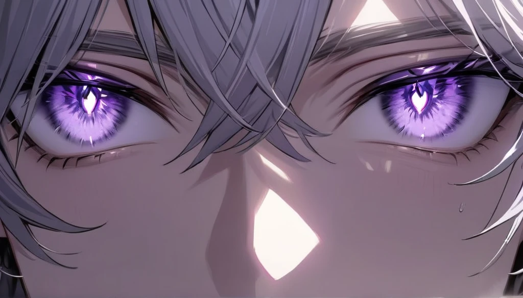 Resolution full, boy, very accurate, best quality, masterpiece, from front boy, cinematic lighting, full HD, very sharpener, only showing eyes, focus at eyes, detailed eyes, best art, very accurate, 1boy, man, solo, boy, violet eyes, grey hair, violet eyes
