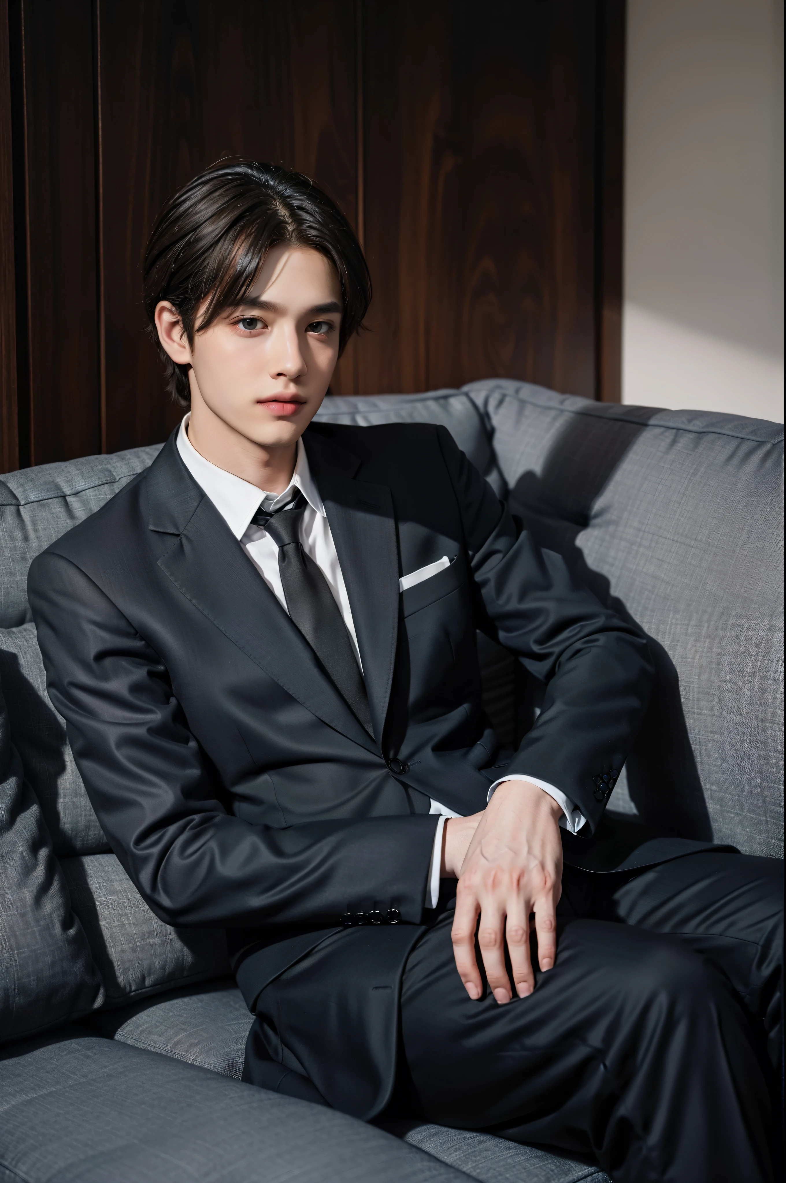 1 Boy,wear a suit，Sit on a comfortable sofa,Cross your legs,Soft Light