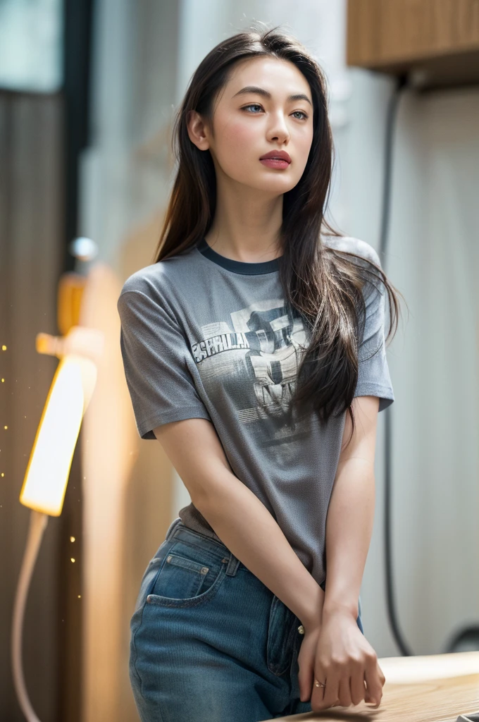 Dressed, (photo Realistic:1.4), (hyper Realistic:1.4), (Realistic:1.3),
(Smoother lighting:1.05), (Improving the quality of cinema lighting:0.9), 32k,
1 Girl,20-year-old girl, Realistic lighting, Backlight, The light shines on your face, Ray Tracing, (Bright light:1.2), (Improvement of quality:1.4),
(Highest quality Realistic textured skin:1.4), Fine grain, Detailed face,
(tired, Sleepy and happy), (smile:0), Face close-up, T-Shirts,
(Enhances the body line:1.1), (Enhances the beauty of skin texture:1.1)
