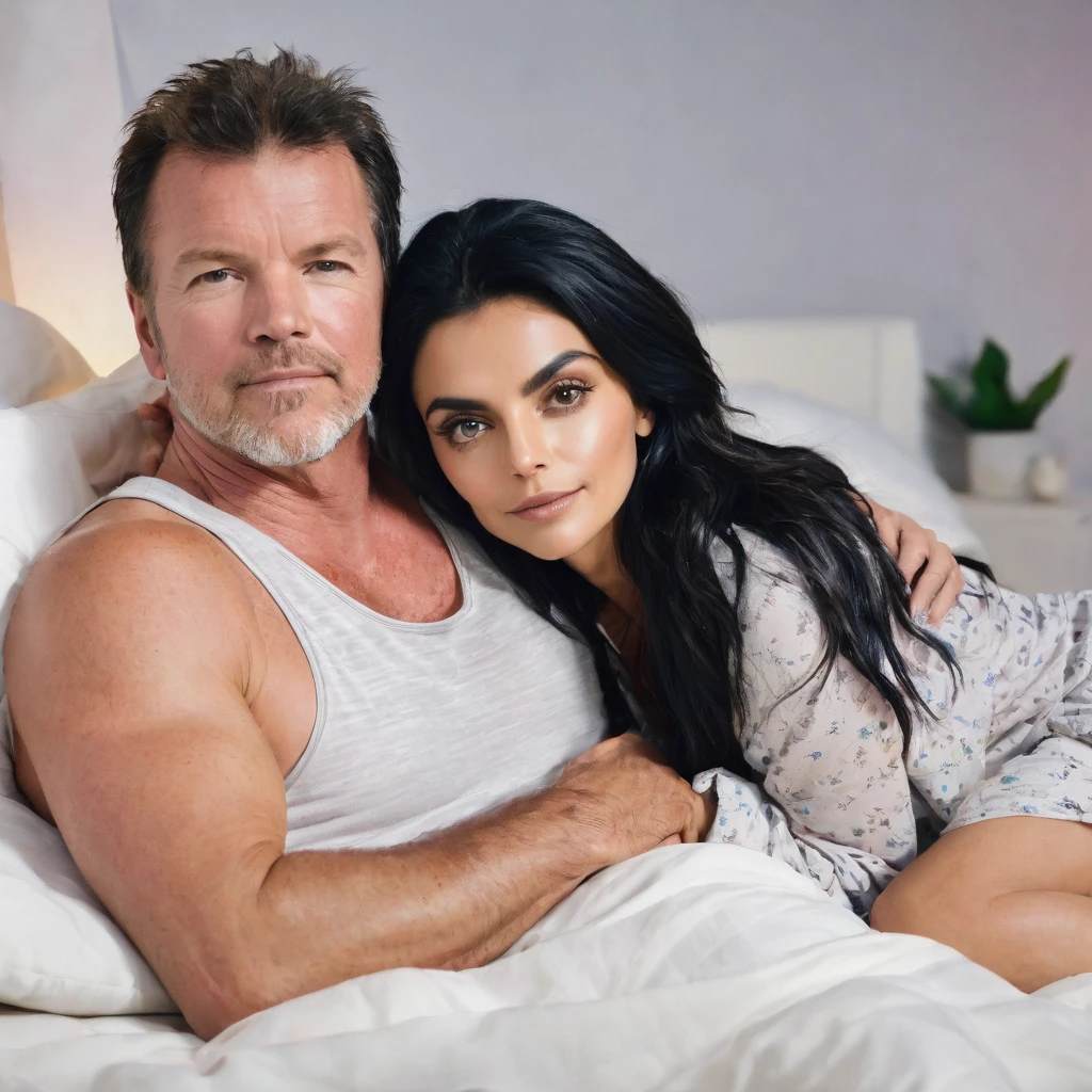 Ayslinn Derbez is 25 years old and Lothar matthäus is 35 years old, she have long hair, they are sleeping, they are wearing pijamas, romantic, they are in bedroom, night