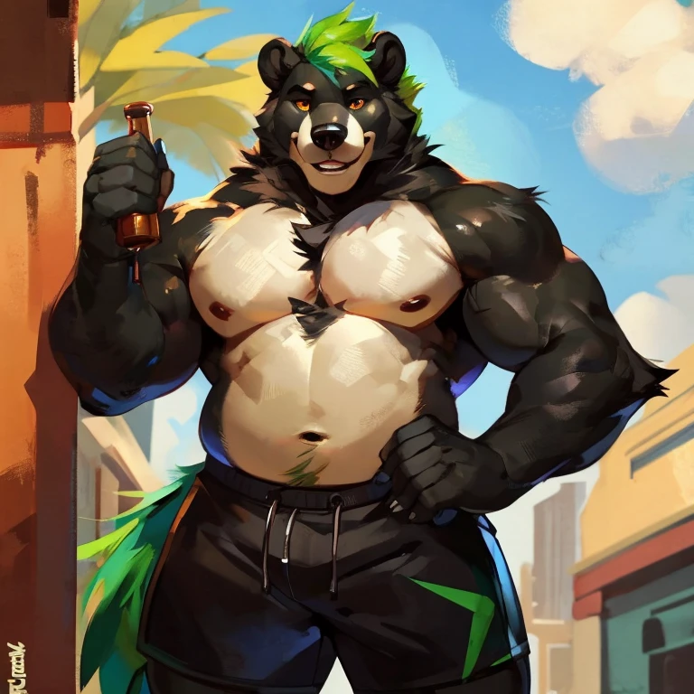 Medium muscular and chubby, black bear, shirtless, in black shorts, Amber eyes, bluish-green mane, bluish-black fur, cream-white fur, By mystikfox61