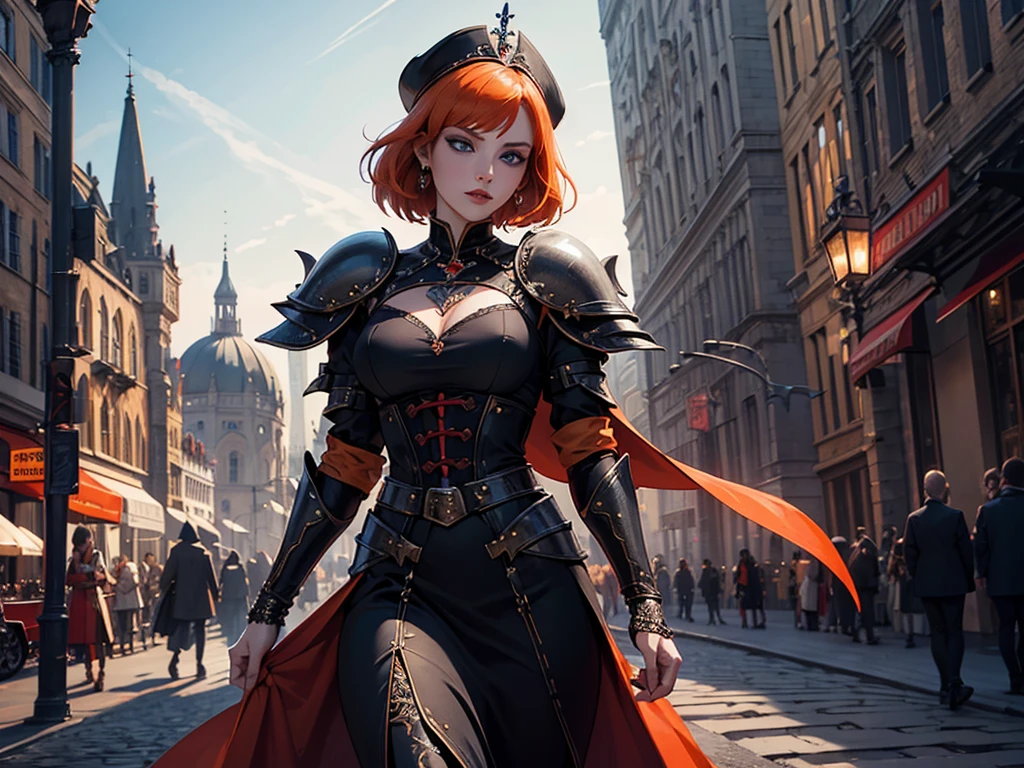 A beautiful and wonderful vampire woman, extremely detailed, short orange hair, wearing extremely detailed gothic armor, blue eyes in medieval public square, palace, crepúsculo, 8k, linda, sacerdotisa, crepúsculo, entardecer, vampira.