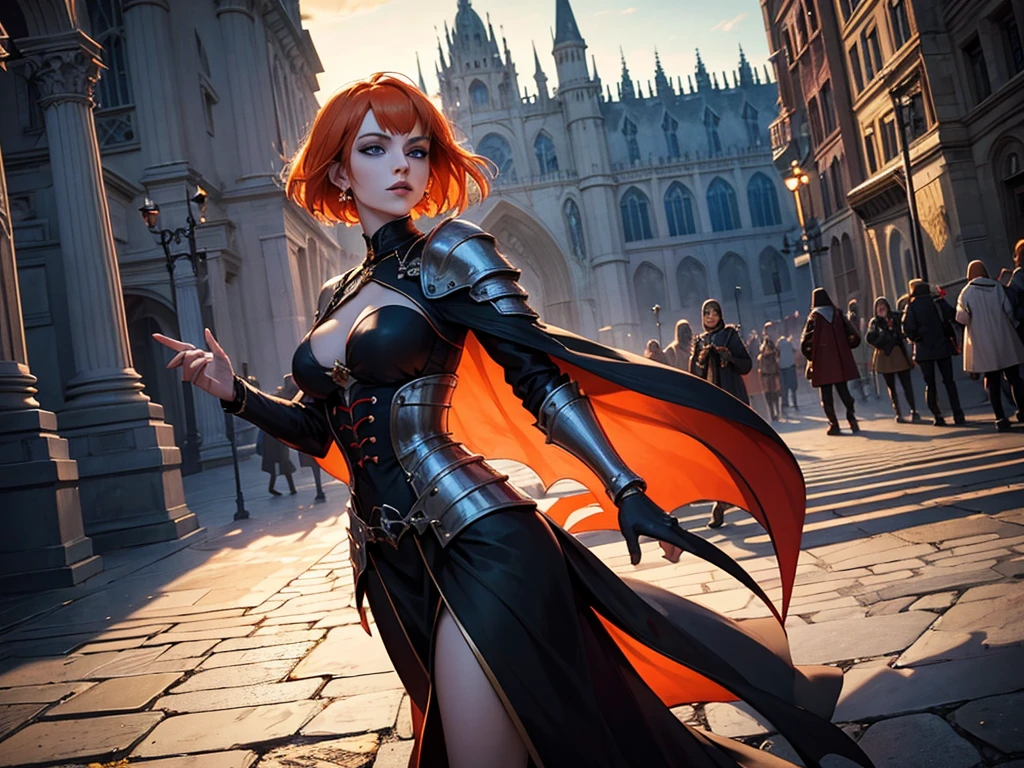 A beautiful and wonderful vampire woman, extremely detailed, short orange hair, wearing extremely detailed gothic armor, blue eyes in medieval public square, palace, crepúsculo, 8k, linda, sacerdotisa, crepúsculo, entardecer, vampira.