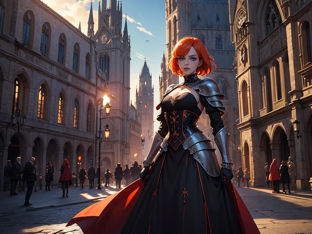 A beautiful and wonderful vampire woman, extremely detailed, short orange hair, wearing extremely detailed gothic armor, blue eyes in medieval public square, palace, crepúsculo, 8k, linda, sacerdotisa, crepúsculo, entardecer, vampira.