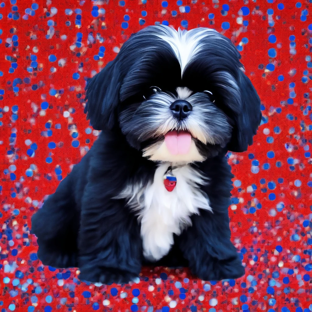 2 Adorable small black Shih Tzu puppies red white and blue background Pixar 3D cartoon
