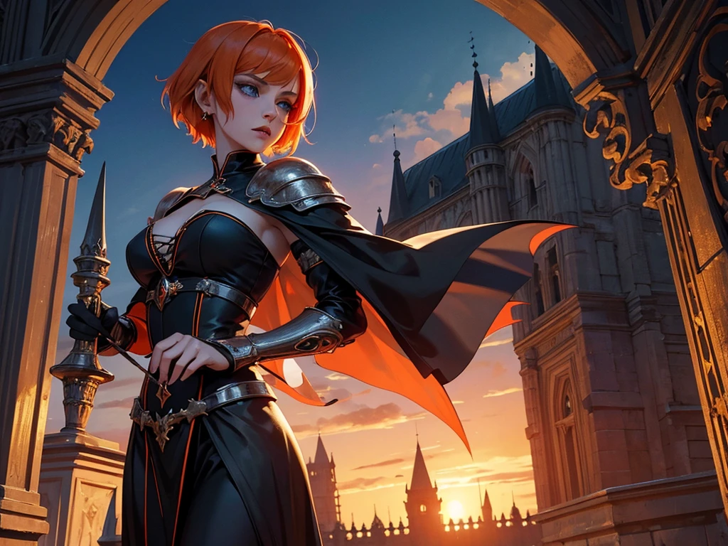 A beautiful and wonderful vampire woman, extremely detailed, short orange hair, wearing extremely detailed gothic armor, blue eyes in medieval public square, palace, crepúsculo, 8k, linda, sacerdotisa, crepúsculo, entardecer, vampira.