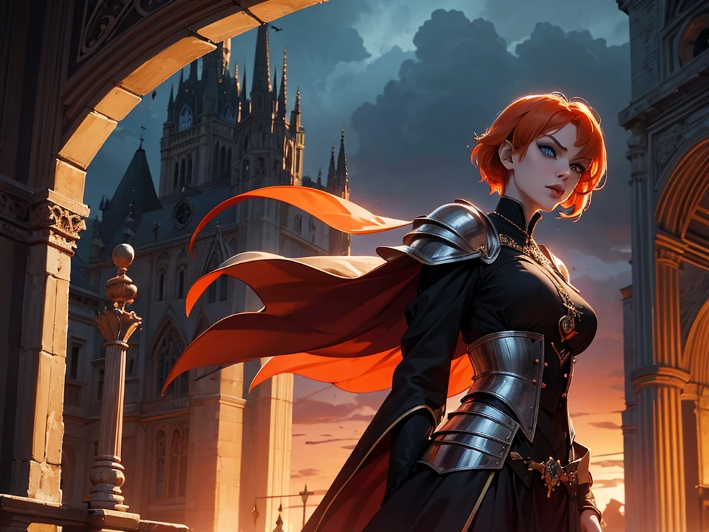 A beautiful and wonderful vampire woman, extremely detailed, short orange hair, wearing extremely detailed gothic armor, blue eyes in medieval public square, palace, crepúsculo, 8k, linda, sacerdotisa, crepúsculo, entardecer, vampira.