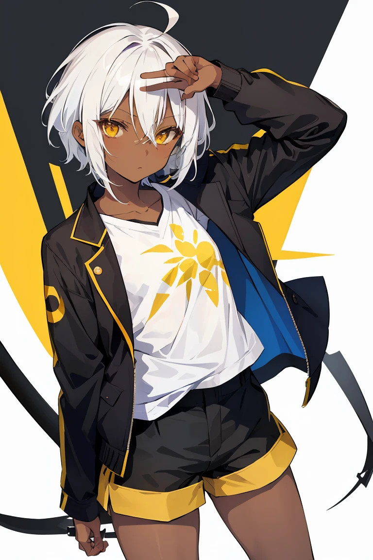 tsunako, 1girl, tomboy, pixie cut, dark skin female, flat chest, shirt, jacket, shorts, white hair, yellow eyes