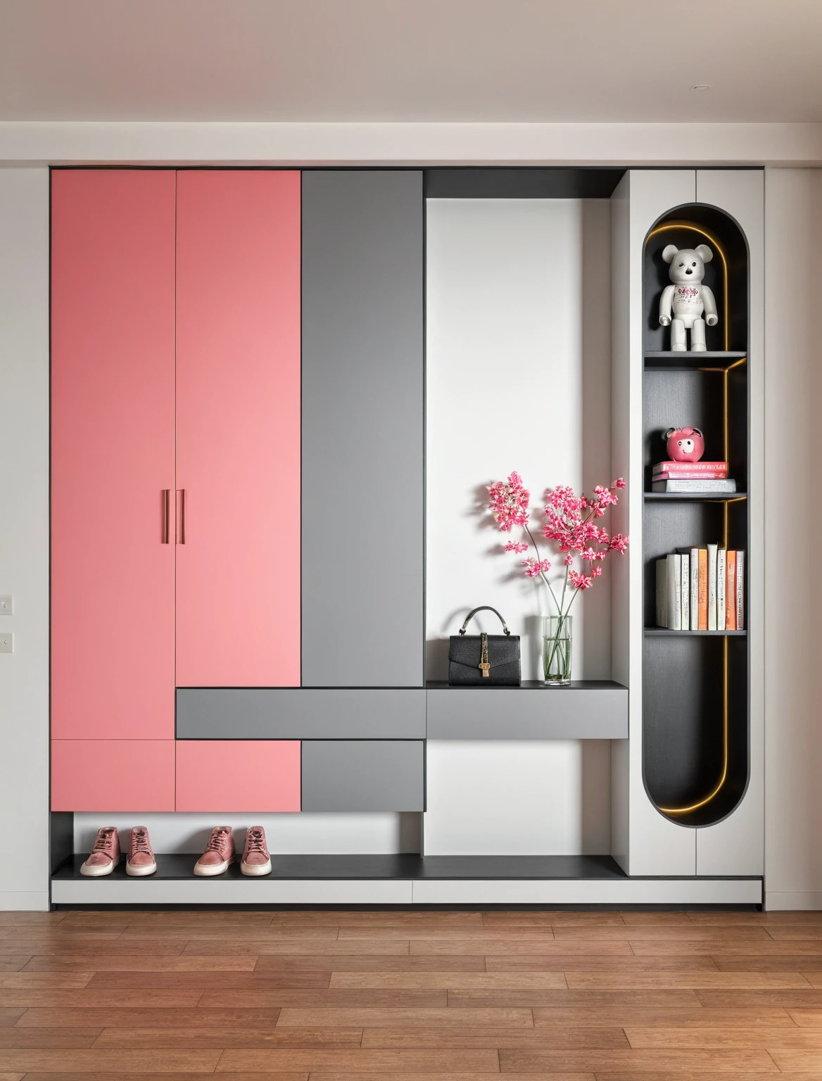 Raw photo,Masterpiece, high quality, best quality, authentic, super detail, interior, shoes Cabinet style modern luxury, decorative cabinets, flower vases, decorations, books, wooden floor, handbags, shoes, bearbrick, (daylight:1.1), vivid colour, (realistic:1.2), ((black and pink Gray))