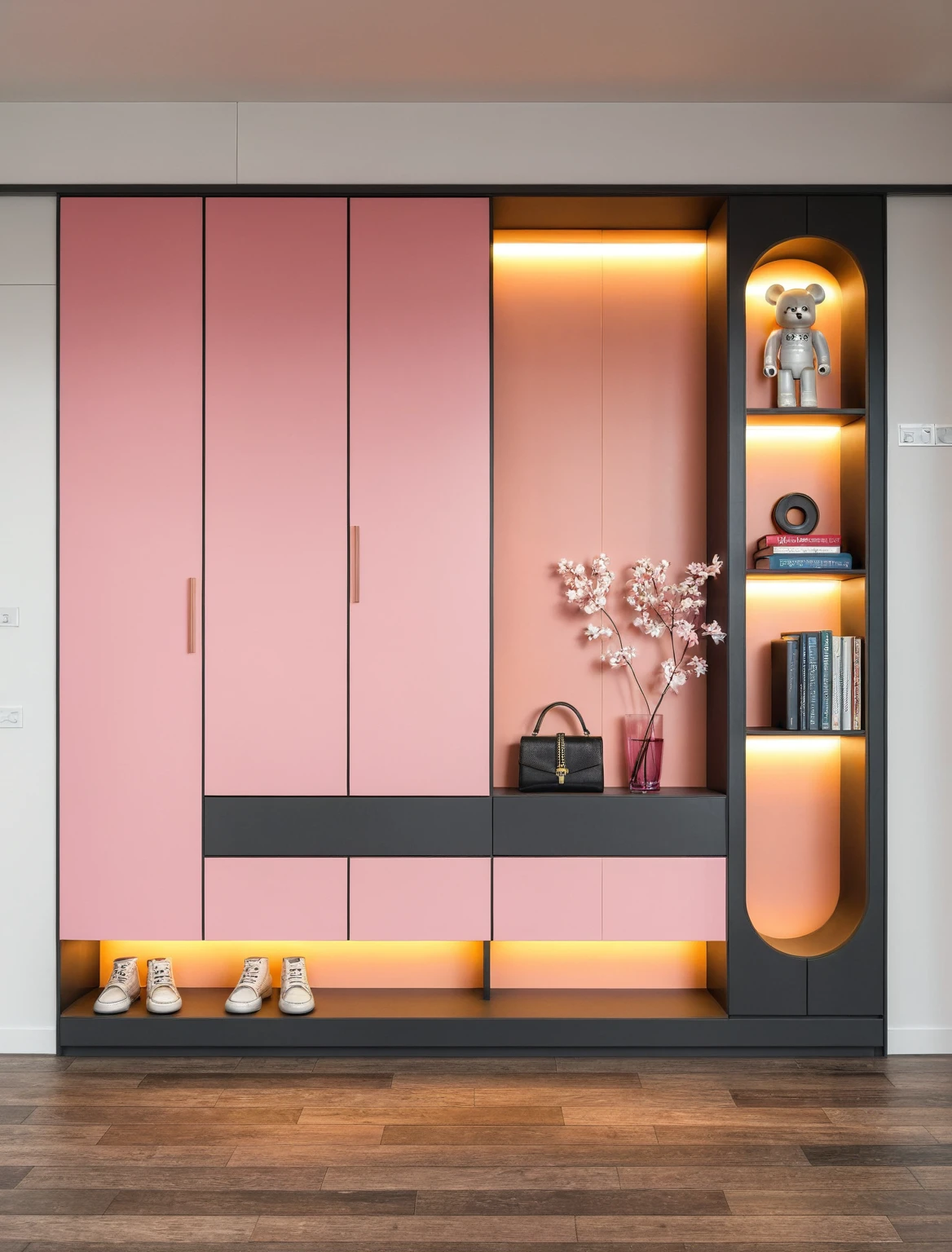 Raw photo,Masterpiece, high quality, best quality, authentic, super detail, interior, shoes Cabinet style modern luxury, decorative cabinets, flower vases, decorations, books, wooden floor, handbags, shoes, bearbrick, (daylight:1.1), vivid colour, (realistic:1.2), ((black and pink Gray))