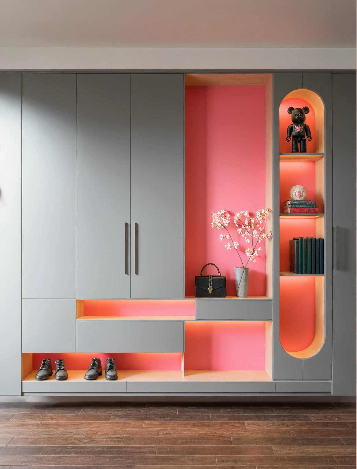 Raw photo,Masterpiece, high quality, best quality, authentic, super detail, interior, shoes Cabinet style modern luxury, decorative cabinets, flower vases, decorations, books, wooden floor, handbags, shoes, bearbrick, (daylight:1.1), vivid colour, (realistic:1.2), ((black and pink Gray))