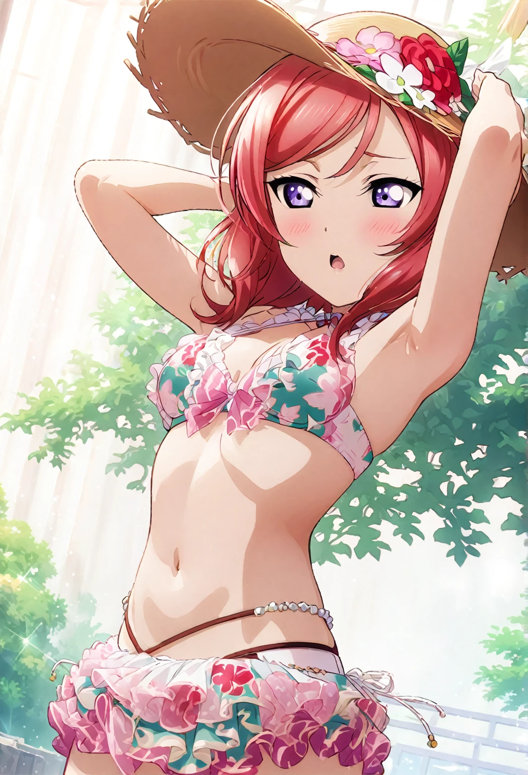 (masterpiece), (best quality), 1girl, medium breasts, id_maki_nishikino, bikini, looking away, shy, bikini, swimsuit