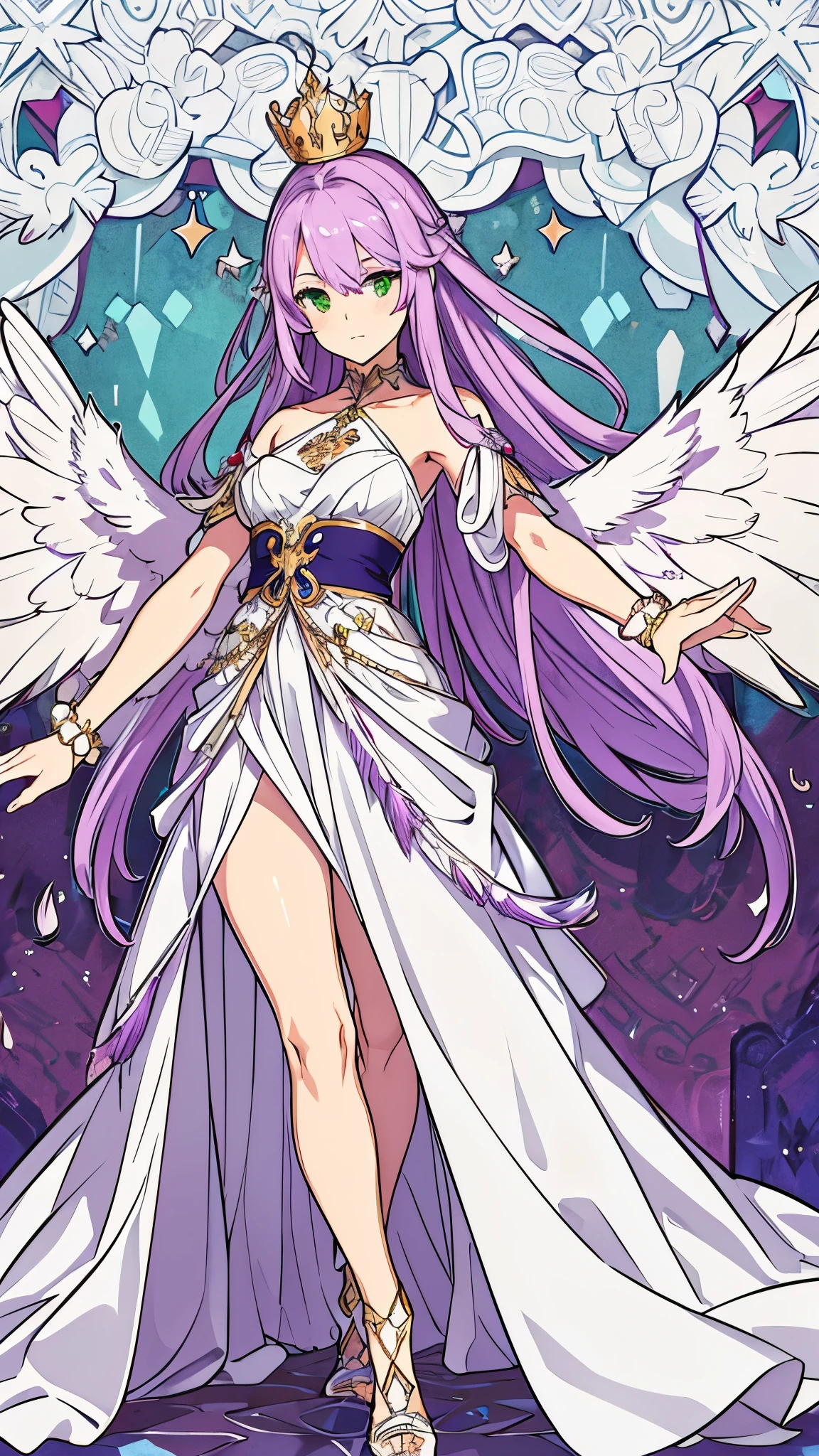cabelo roxo (purple hair), Greek goddess, sculptural body, super detailed hand, super detailed face, hyper detailed body, No defects, (greeneyes), focused eyes, pretty detailed eyes, pale skin, blushed face, crown on head, long hair, slickedback hair, coiffure, expression of pleasure, fearless stance, partes do fully body, entire limbs, fully body, pink hair, gorgeous fur, high resolution, 4K, lined eyes. fully body, toned thighs, small feet, Waist slender, big-ass, long white dress, small foot, role model, best qualityer, legs open, Point of view, wings with feather