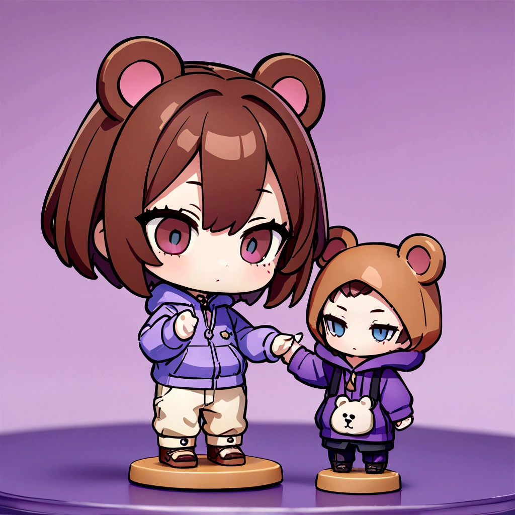 精細なAn illustration、Brown Hair、Wearing a bear hood、Wearing a bear ear hoodie、Chibi Character、Nendoroid、Brown Hairロングヘアー、(masterpiece, best quality:1.2), An illustration、An illustration、purple backdrop