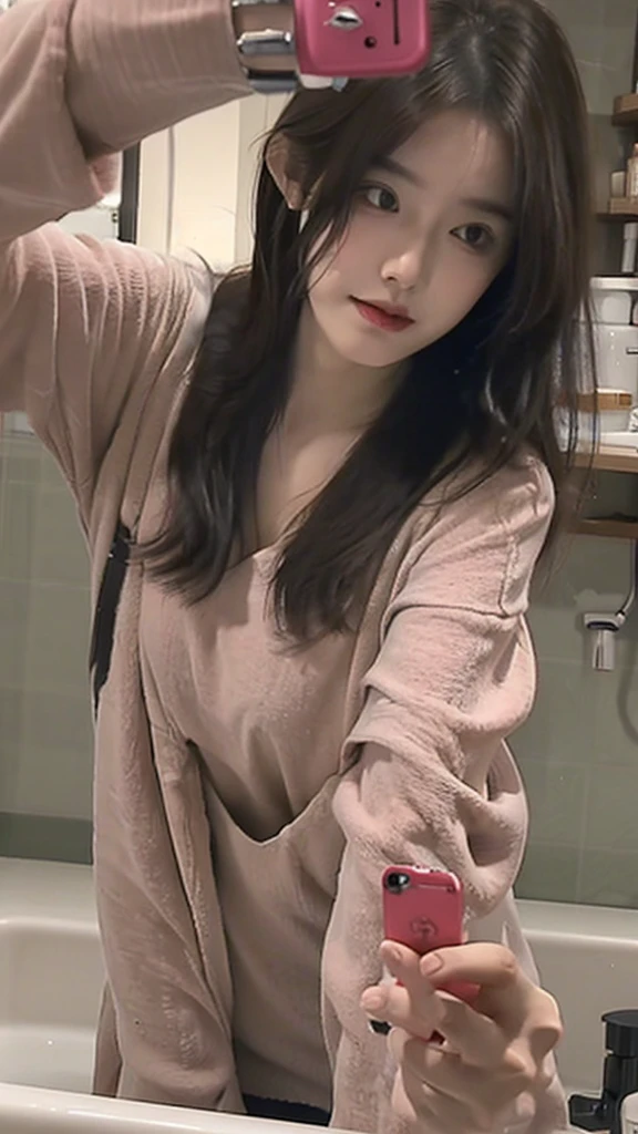 Woman taking selfie with mobile phone，Selfie angle，Selfie angle，Selfie camera viewing angle，In the bathtub，Wearing underwear，Selfie angle，detail，high quality