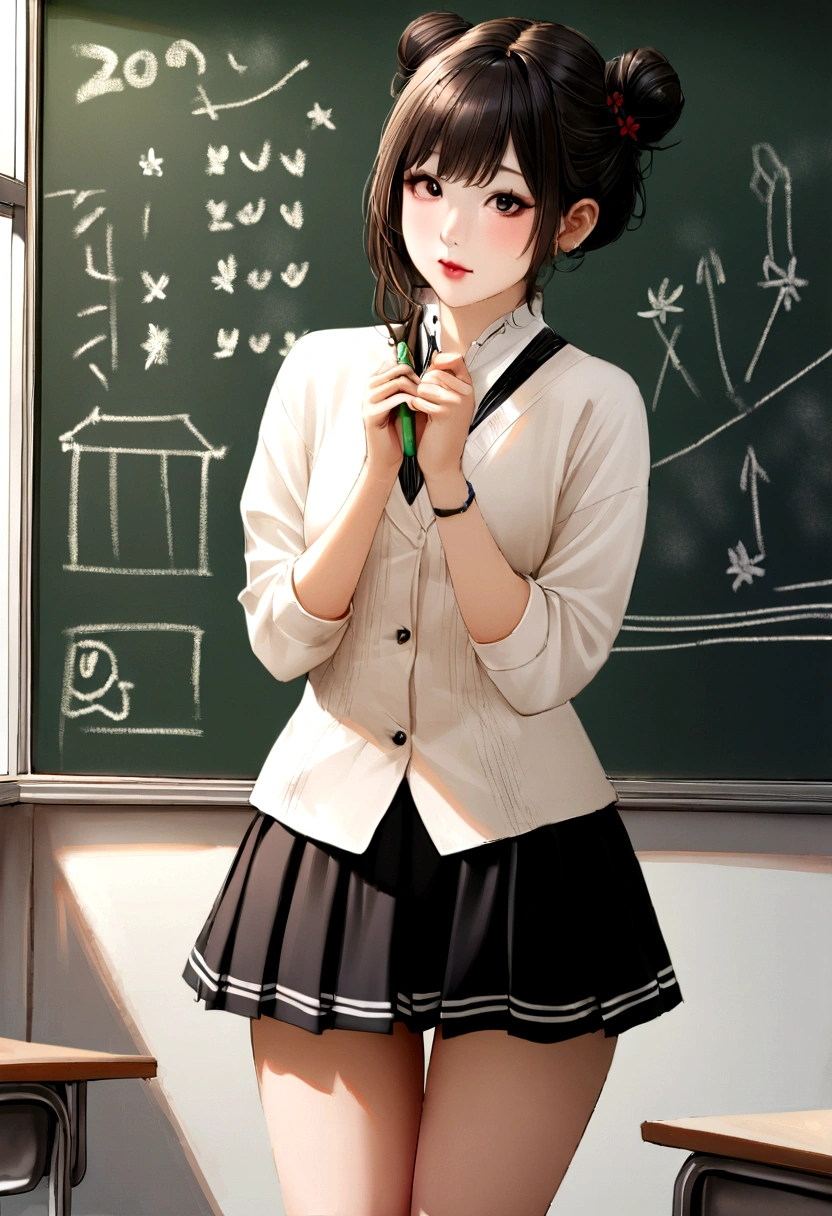 ((1 woman)), Realistic full-body photos taken from a distance), Photo of beautiful 20 year old cute Japan girl wearing (nothing but her  out), And (a short skirt:1.4), Her hair was done with (messy bun), In the classroom, before the (chalk board)