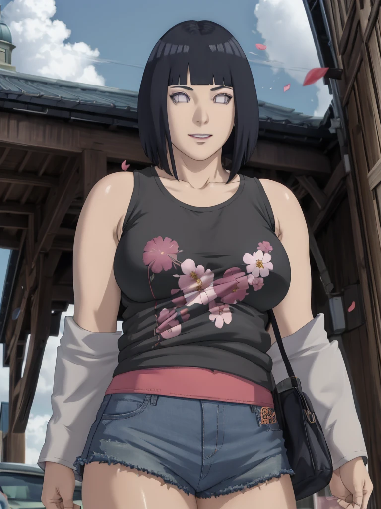 masterpiece, absurdres , (intricate details), (colorful),cinematic lighting,extremely detailed CG unity 8k wallpaper ,hinata\(boruto\), 1milf, mature soft expressions, short-hair, ((black tank-top),(denim hotpants)), (sleeveless), huge breasts,layered sleeves, cowboy shot, looking back, looking at viewer,smile, red lips, outdoors, lavender flower field,flower, day, cloudy sky, wind, floating hair, falling petals, anime screencap,BREAK, surrounded by black guys, 