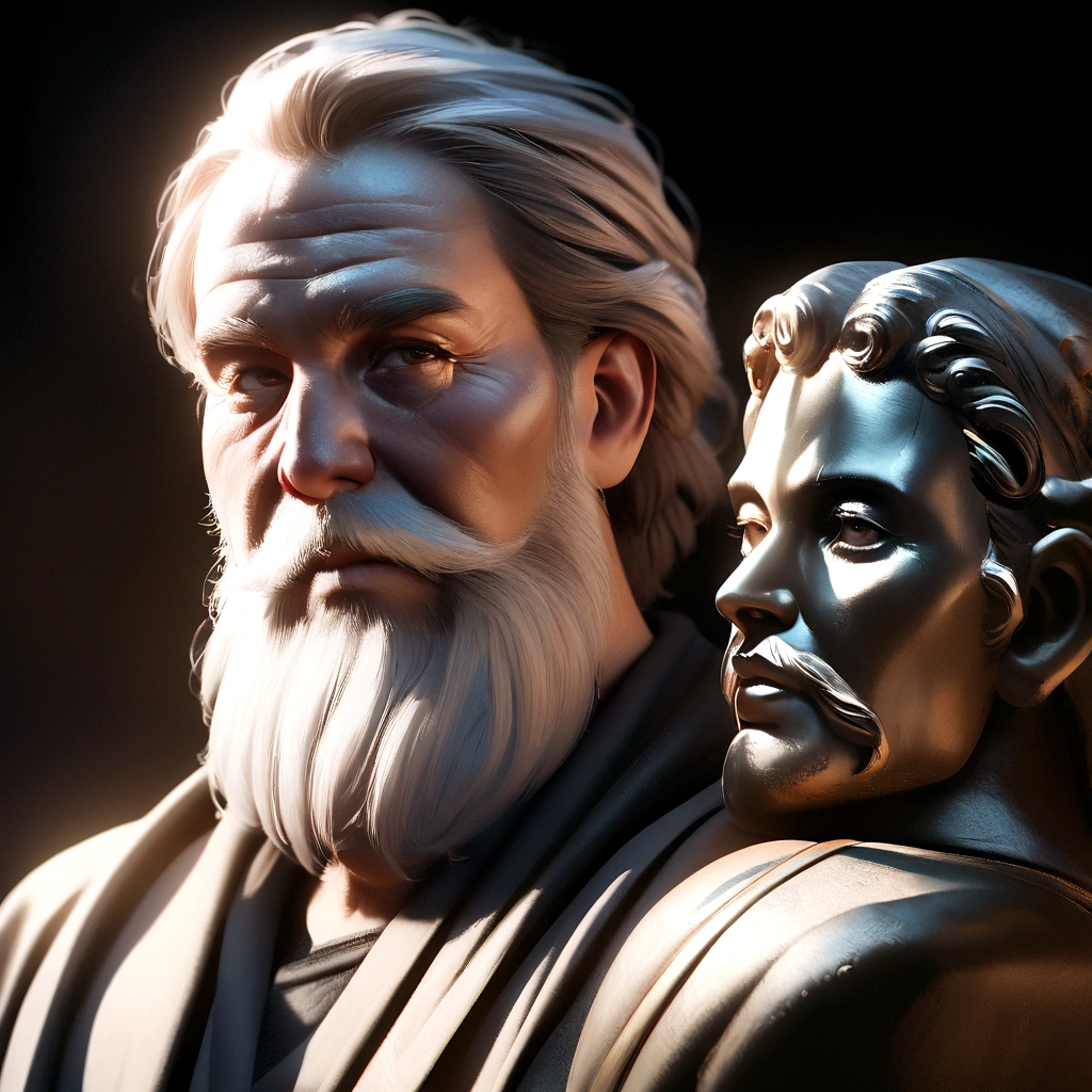 Greek philosopher statue with beard and muscles, Cinematic, 8K, Dark Background, Symmetrical, realistic face with great detail, Very detailed natural texture, Peach fuzz, short hair, masterpiece, Absurd, Award-winning photo:Lee Jeffries, Nikon Film Stock D850 Photo, Kodak Portra 400 F1 Camera.6 Lenses, Very detailed, wonderful, Fine details, Rich colors, Realistic ultra-realistic texture, Dramatic lighting, Unreal Engine, Trending on Art Station, Cinestill 800 Tungsten, View your viewers, Realistic photos, Photo RAW , tanvirtamim, high quality, High resolution, Sharp focus, Very detailed, Cinematic lighting, 8K Ultra HD,