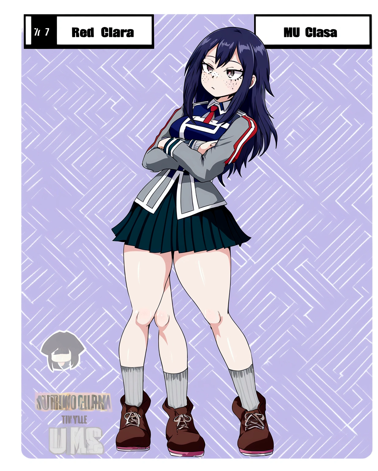 Female character design in the style of boku no hero academia. red hair girl, long, by tez clara, with freckles and dimples wearing the U uniform.A