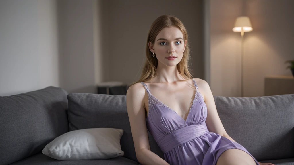 an icelandic woman with beautiful Delicate eyes, Beautiful and delicate lips, Extremely detailed face and skin, Pale skin, 23 years old,Wearing a purple dress, medium long shot, Sitting on the sofa in the living room, natural posture, elegant,Beautiful light and shadow,night,panoramic view, (long legs), (full body portrait). Beautiful photography,Long eyelashes, Good anatomy , Practical skin texture, Delicate eyes, professional, 4K, Wide-angle lens, Optical Depth of Field, Kodak Vision Color, Perfectly proportioned body, Extremely detailed, ultra-photoPractical, Practical, Post-Processing, Maximum details, Roughness, real life, ultra -Practical, Photorealism, photography, 8K Ultra HD, photography