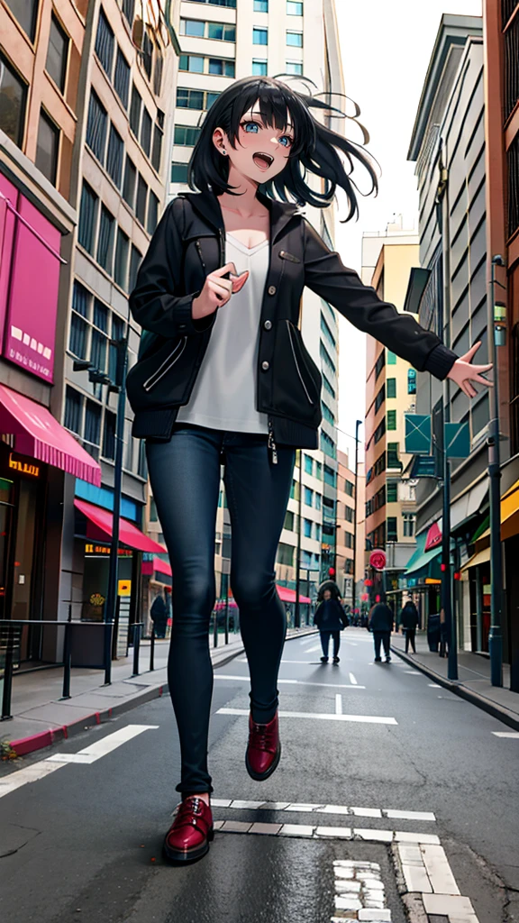 (realistic photo:1.0), (realistic:1.0), 3d, (1girl),  (loud laughter:1.0), Cityscape