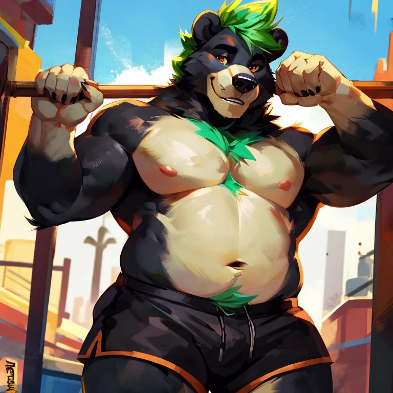 Medium muscular and chubby, black bear, shirtless, in black shorts, Amber eyes, bluish-green mane, bluish-black fur, cream-white fur, By mystikfox61