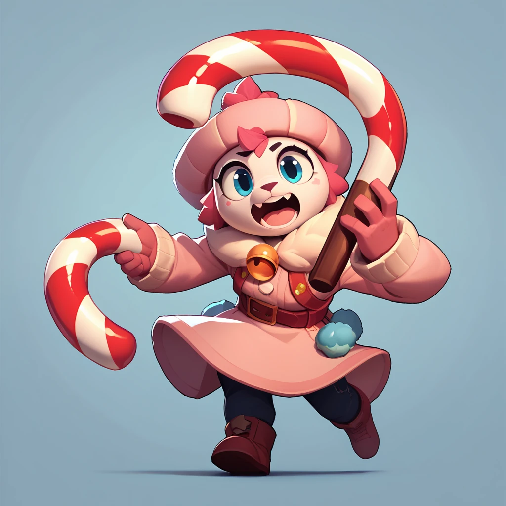 an anthropomorphic and spherical pinata, pink and yellow color, long arms, wide open mouth, giant candy cane as a weapon